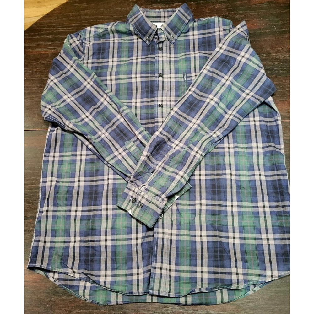 Ben Sherman Men's XL Button-Front Shirt Blue Tan Green Plaid